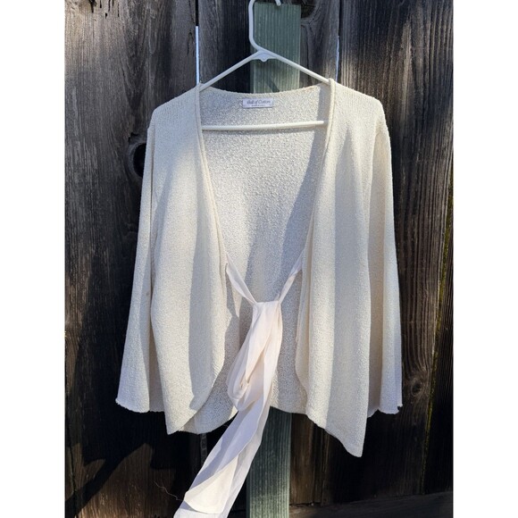 Ball of Cotton Knit Tie-Front Cardigan Cream 100% Rayon Large Made in USA - Picture 10 of 16